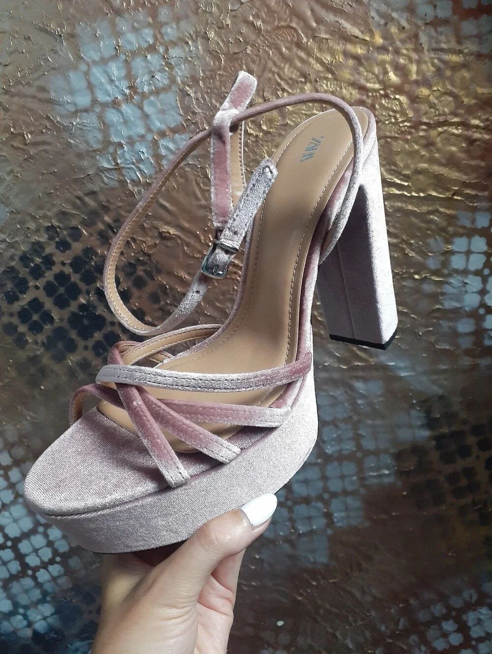 Zara Nwt Platform Velvet High Heel Sandals in Blush Pink - Picture 3 of 16